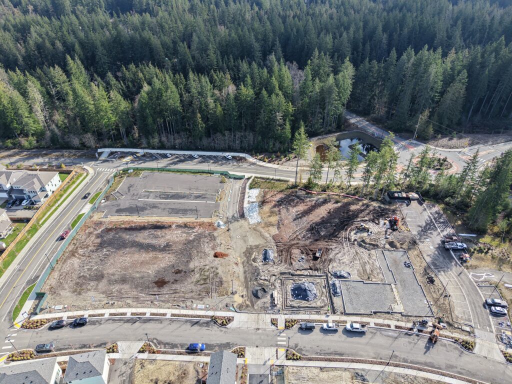 Aerial image of construction site of McCormick Village Retail, Port Orchard WA